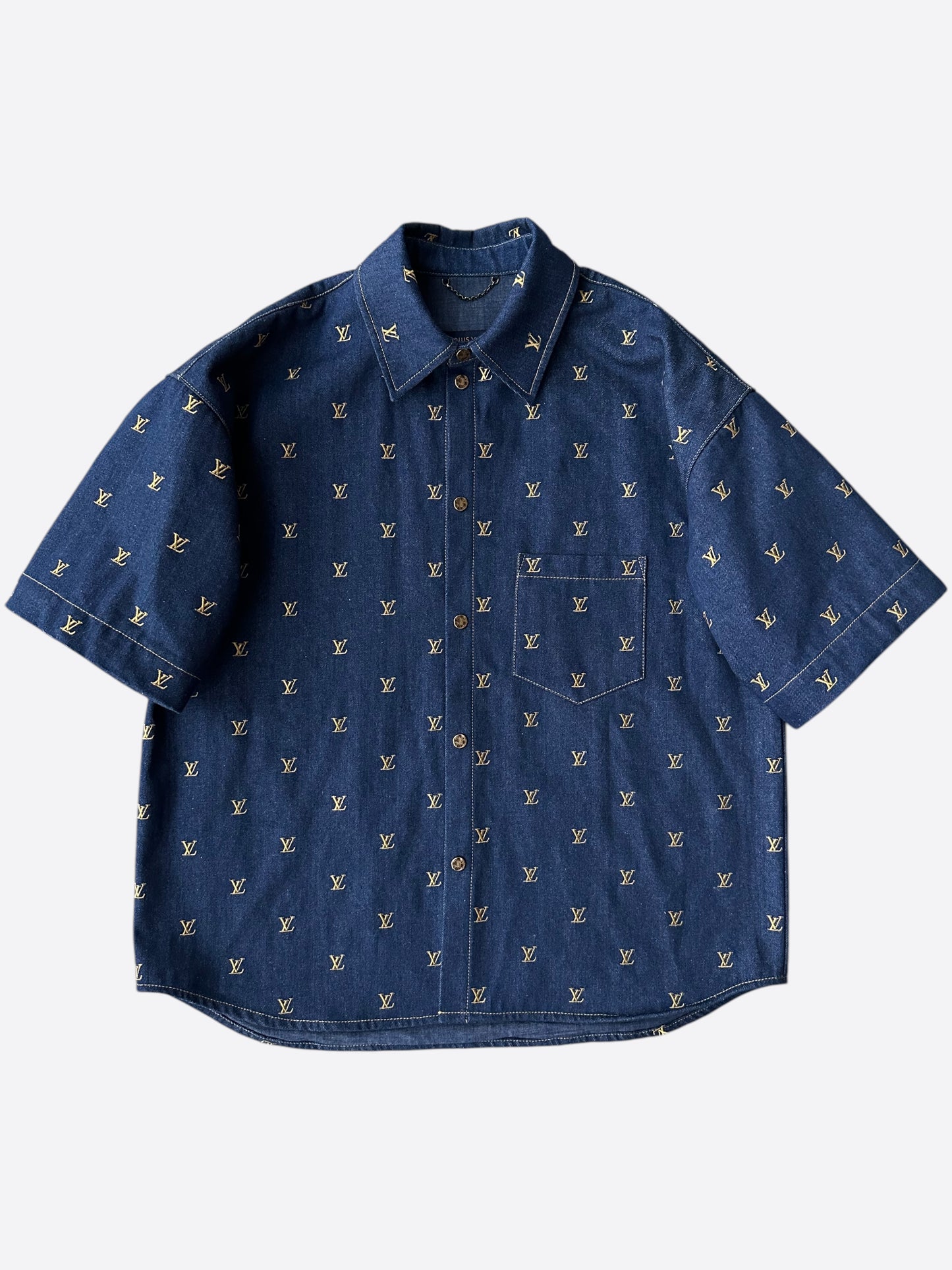 Louis Vuitton Blue & Gold Embroidered Monogram Denim Button Up Shirt