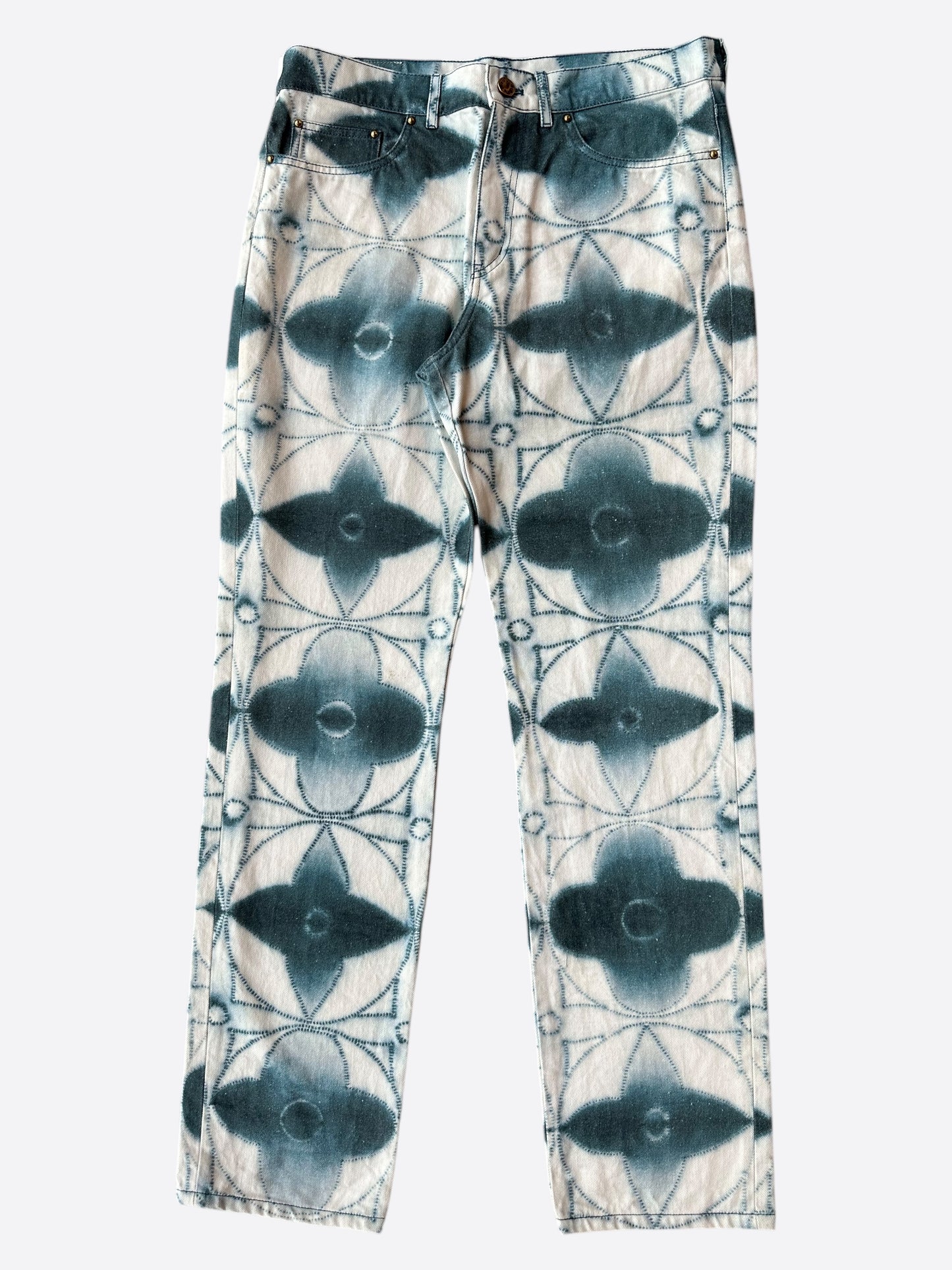 Louis Vuitton White & Blue Shibori Monogram Printed Jeans