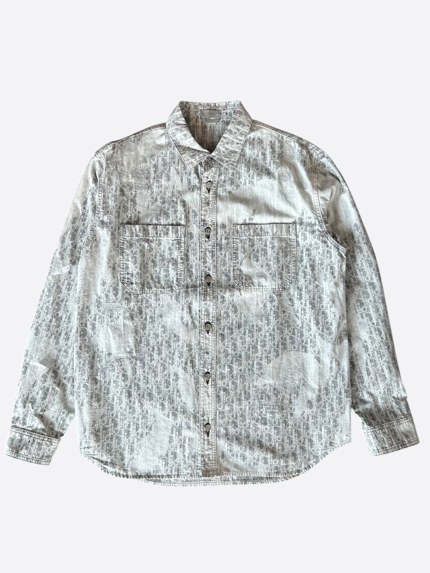 Dior Grey Oblique Distressed Button Up Shirt