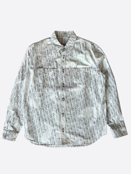 Dior Grey Oblique Distressed Button Up Shirt