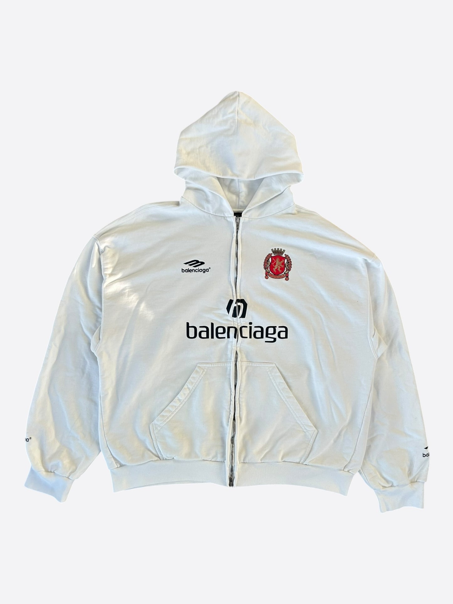 Balenciaga White & Black Soccer Logo Zip Up Hoodie