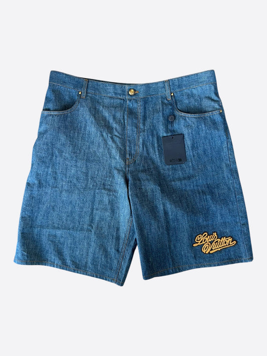 Louis Vuitton Blue & Gold Embroidered Logo Denim Shorts
