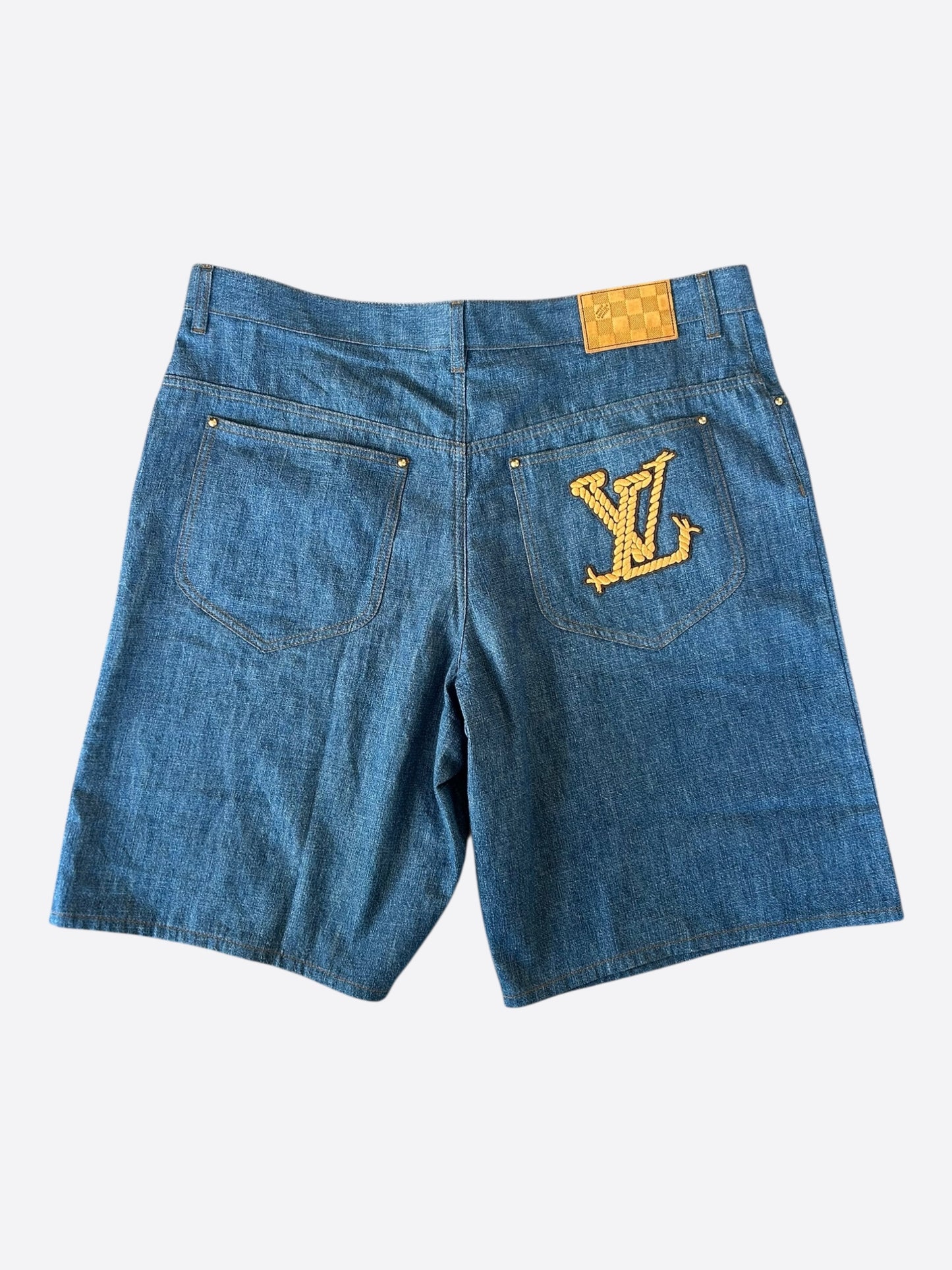 Louis Vuitton Blue & Gold Embroidered Logo Denim Shorts