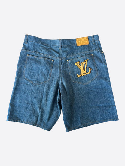 Louis Vuitton Blue & Gold Embroidered Logo Denim Shorts