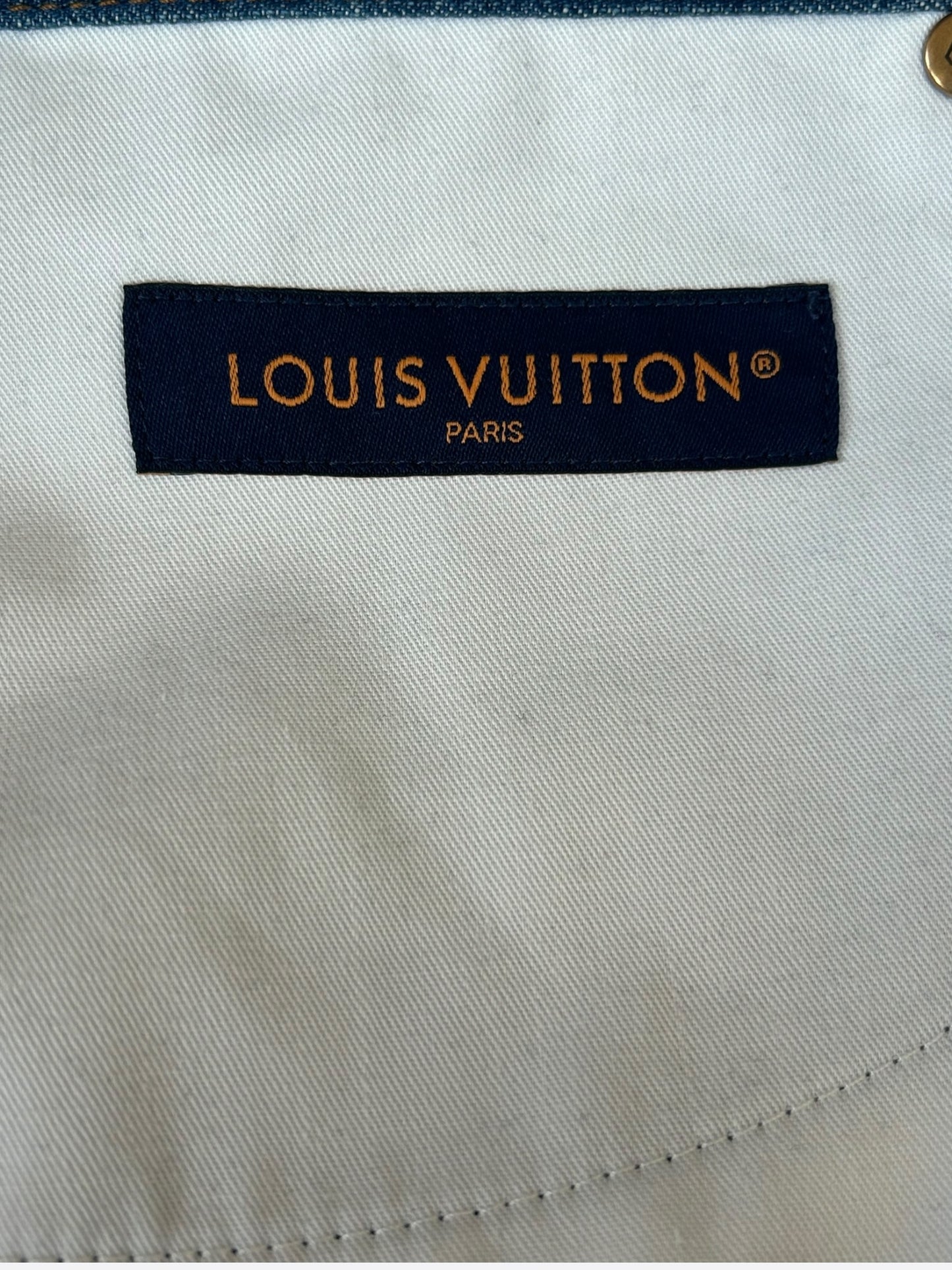 Louis Vuitton Blue & Gold Embroidered Logo Denim Shorts