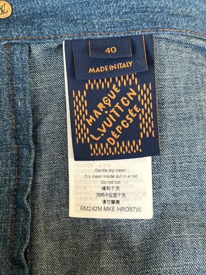 Louis Vuitton Blue & Gold Embroidered Logo Denim Shorts