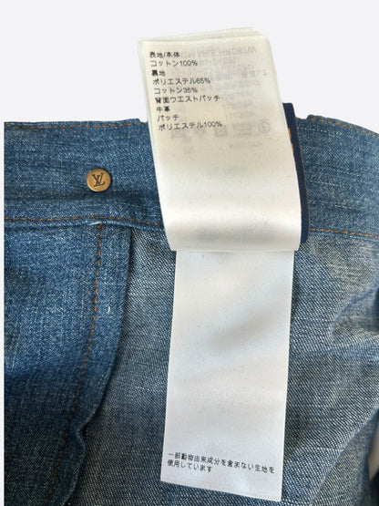 Louis Vuitton Blue & Gold Embroidered Logo Denim Shorts