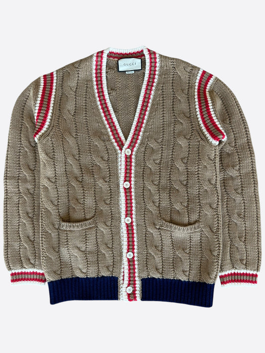 Gucci Brown Cable Knit Wool Cardigan