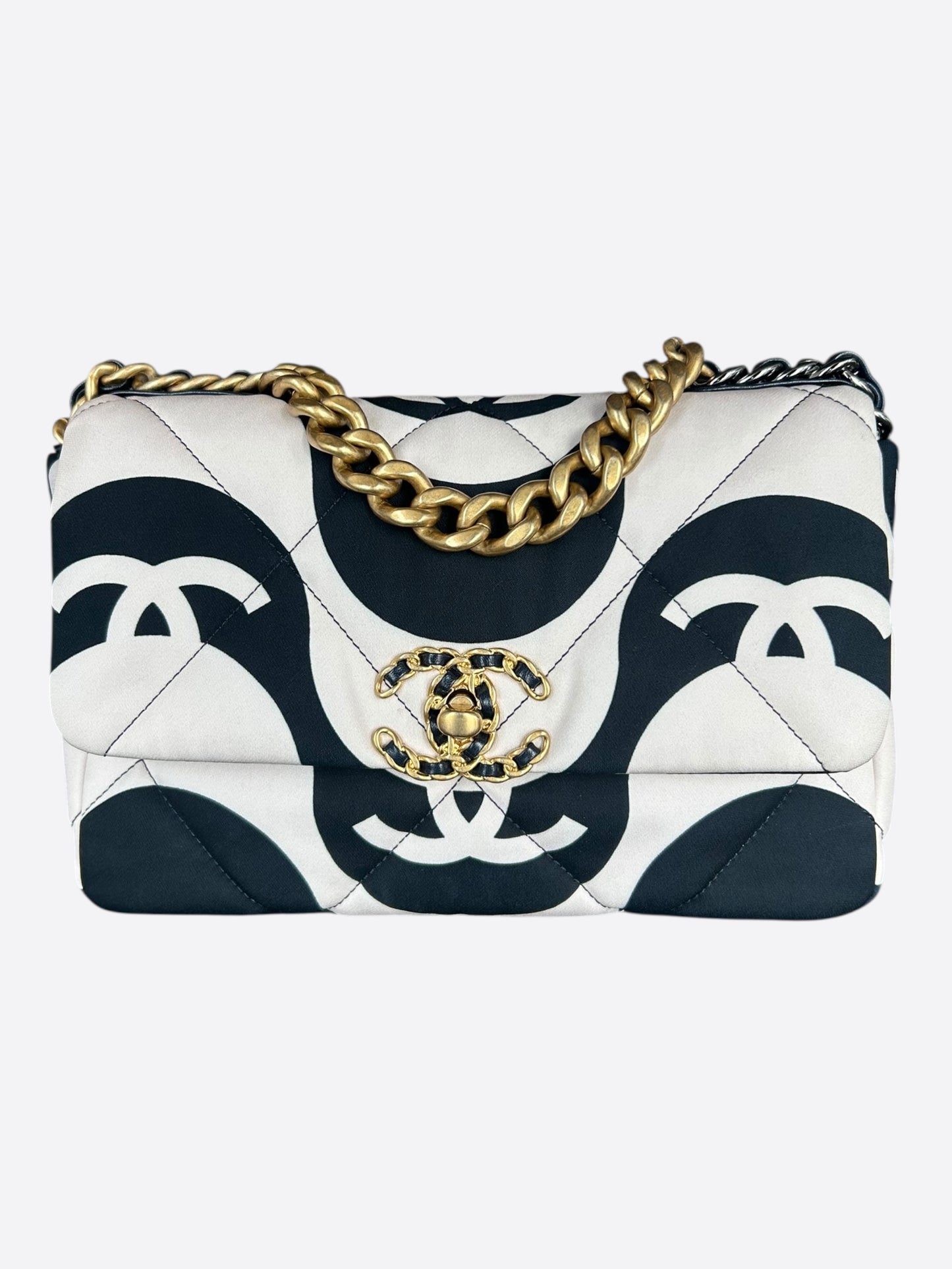 Chanel Black & White CC Fabric Medium Chanel 19 Flap Bag