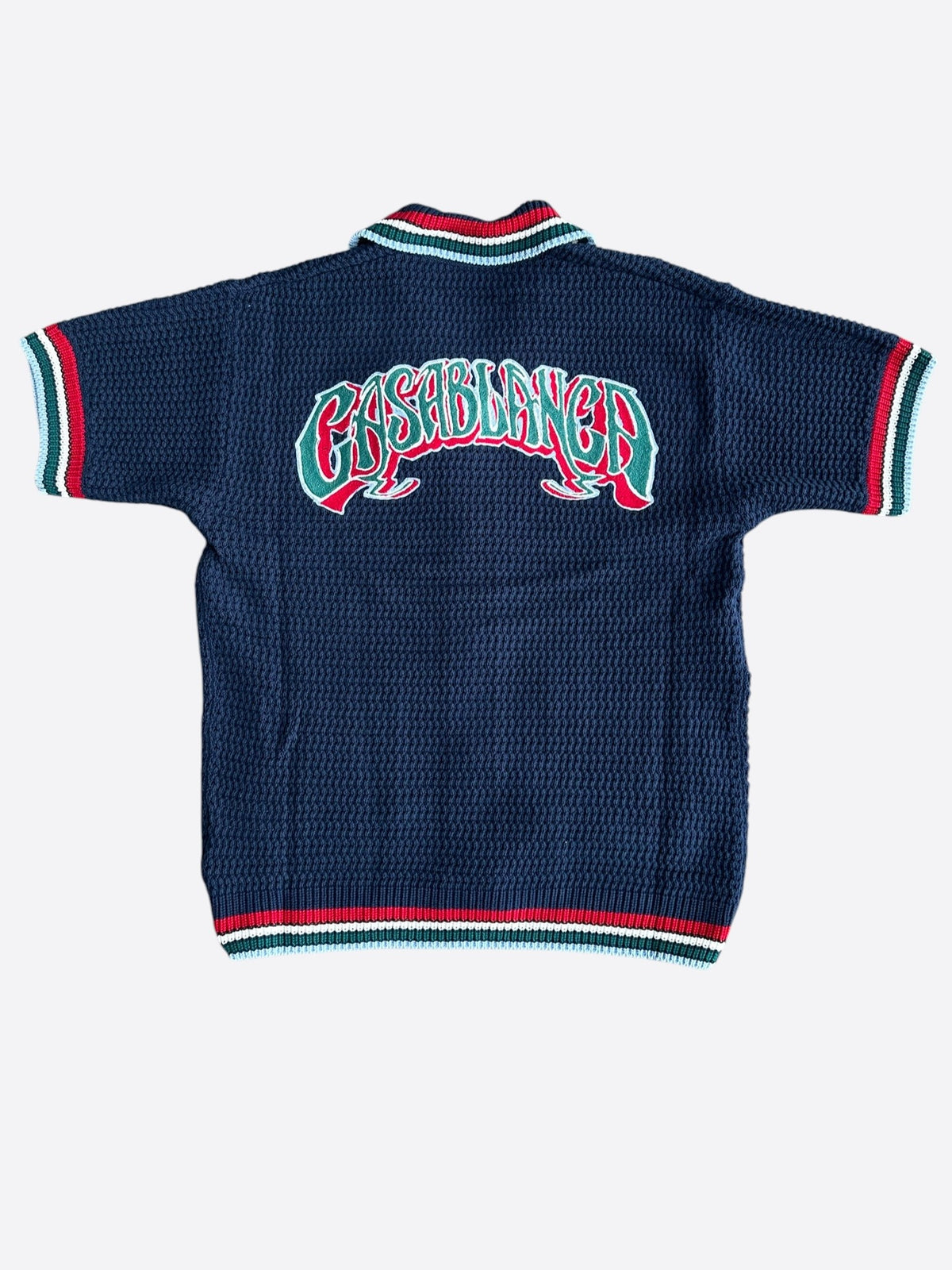 Casablanca Navy, Red & Green Embroidered Logo Crochet Button Up Shirt