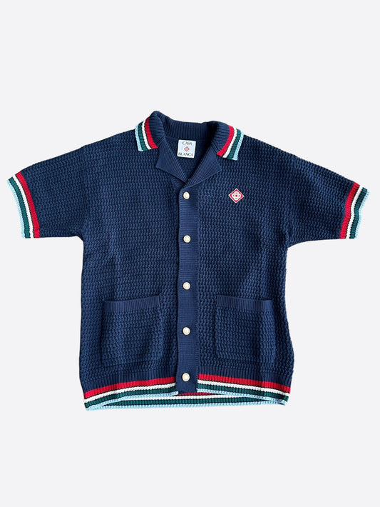 Casablanca Navy, Red & Green Embroidered Logo Crochet Button Up Shirt