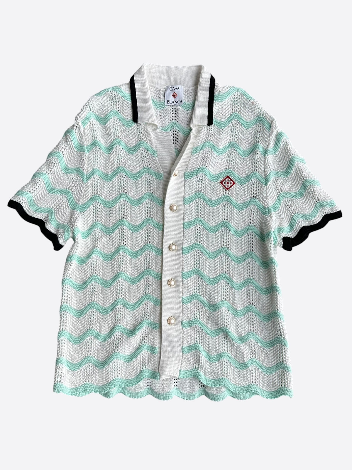 Casablanca White & Blue Wave Crochet Button Up Shirt