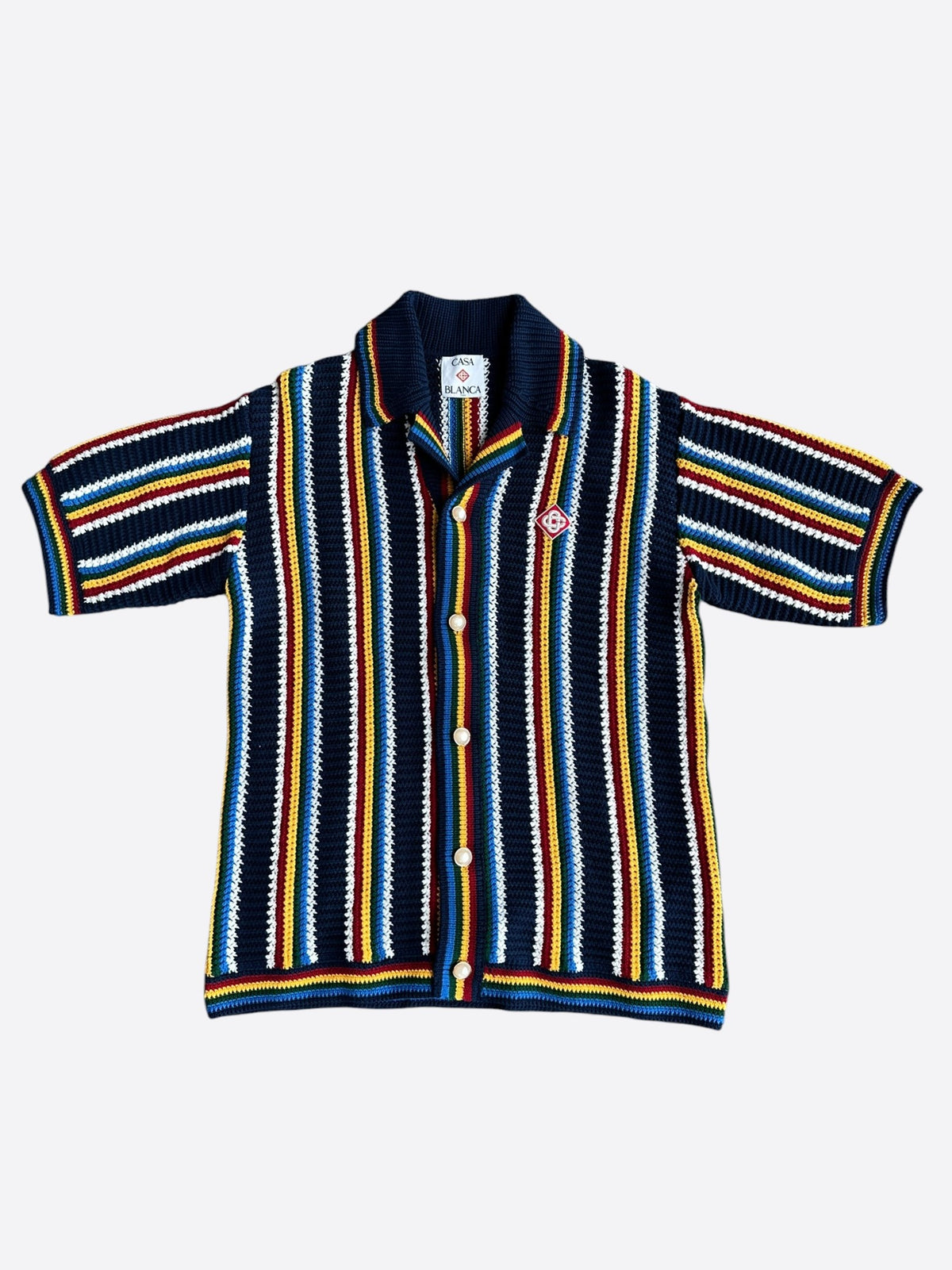Casablanca Navy & Multicolor Striped Crochet Button Up Shirt