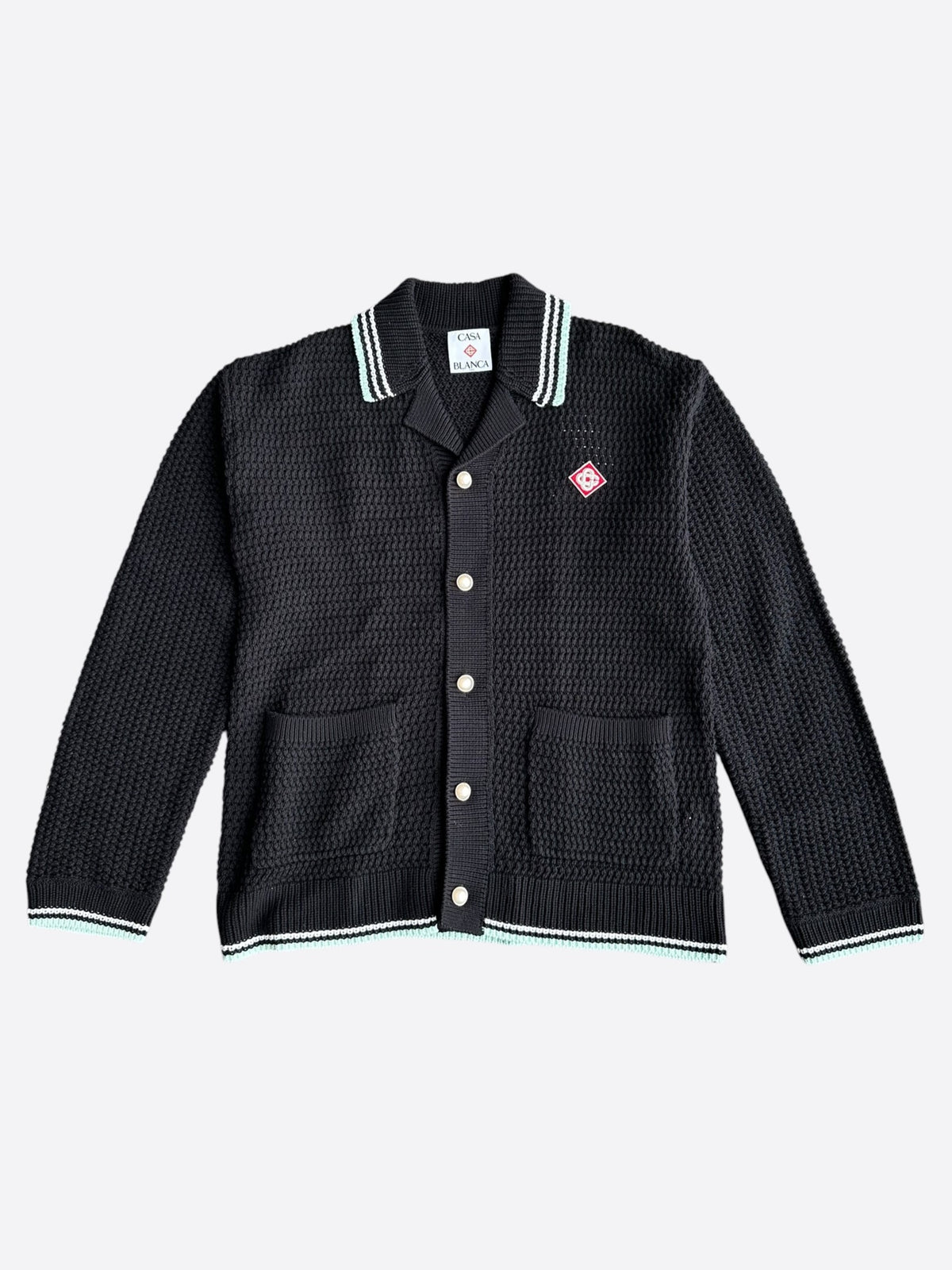 Casablanca Black, White & Black Embroidered Logo Crochet Button Up Shirt