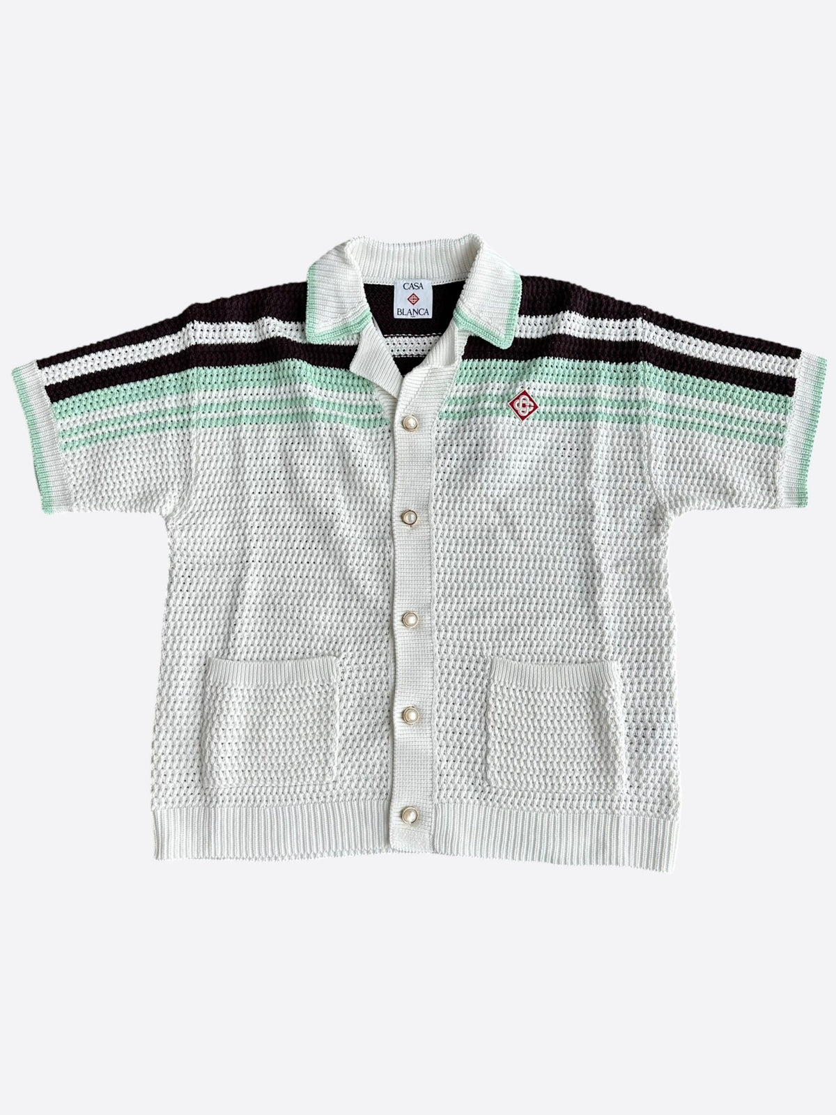 Casablanca White, Black & Blue Striped Crochet Button Up Shirt