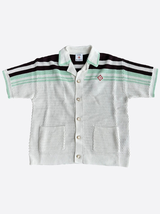 Casablanca White, Black & Blue Striped Crochet Button Up Shirt