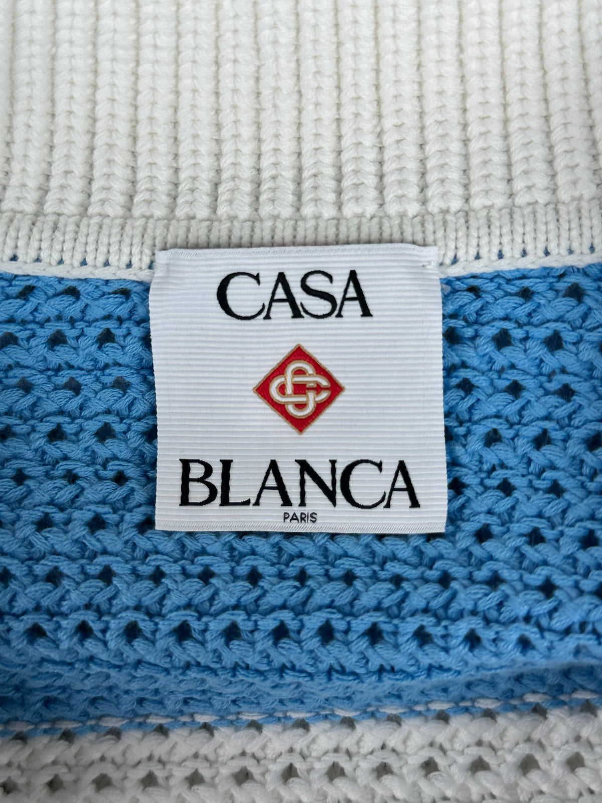 Casablanca White, Blue & Orange Striped Crochet Button Up Shirt