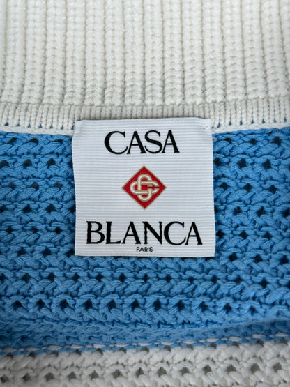 Casablanca White, Blue & Orange Striped Crochet Button Up Shirt