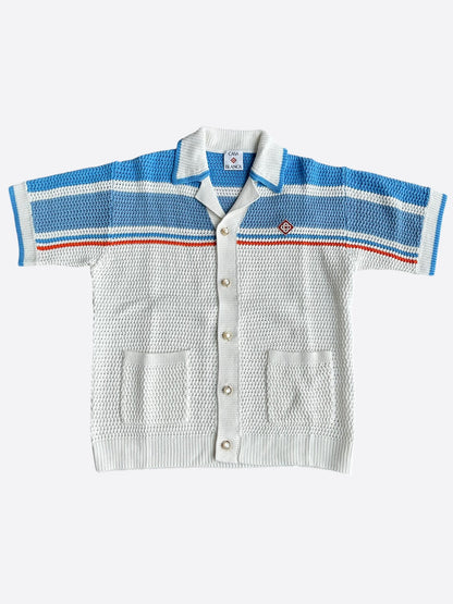 Casablanca White, Blue & Orange Striped Crochet Button Up Shirt