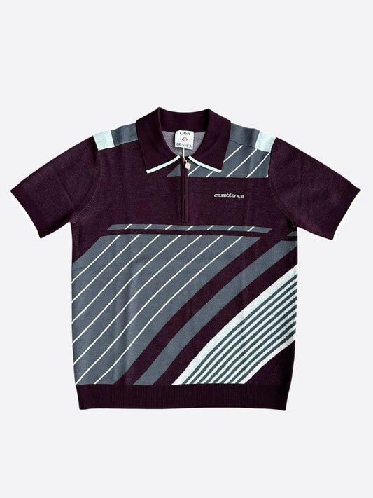 Casablanca Burgundy & Grey Striped Logo Polo T-Shirt