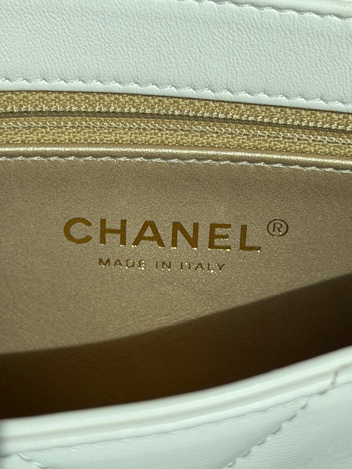 Chanel White Quilted Lambskin Crystal CC Logo Small Flap Bag