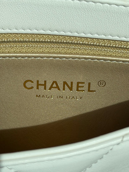 Chanel White Quilted Lambskin Crystal CC Logo Small Flap Bag