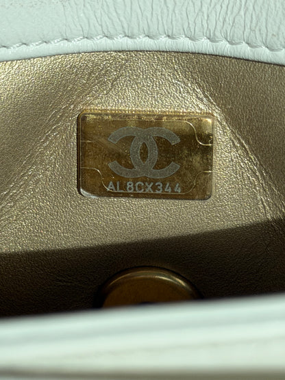 Chanel White Quilted Lambskin Crystal CC Logo Small Flap Bag