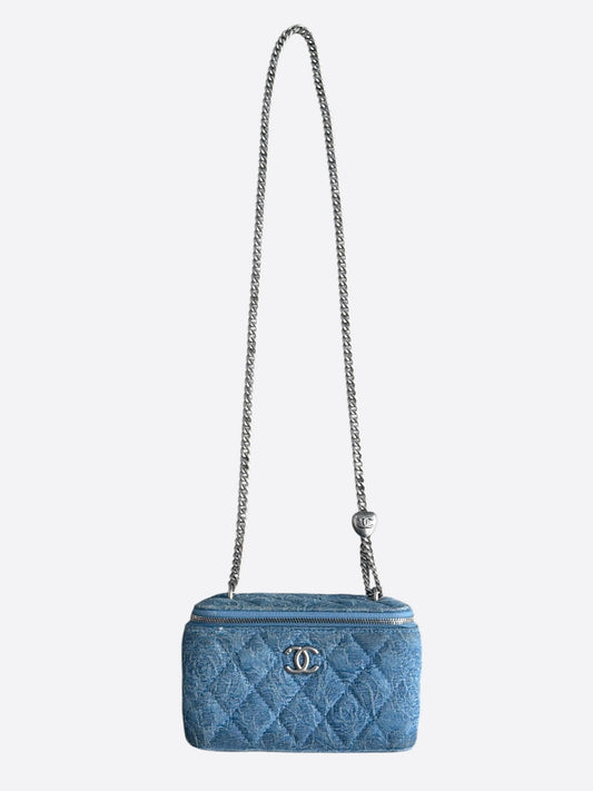 Chanel Blue Quilted Denim Camellia Quilted Vanity Case