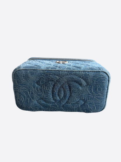 Chanel Blue Quilted Denim Camellia Quilted Vanity Case