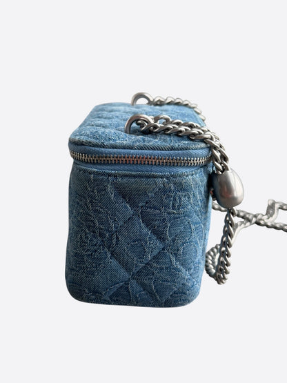 Chanel Blue Quilted Denim Camellia Quilted Vanity Case