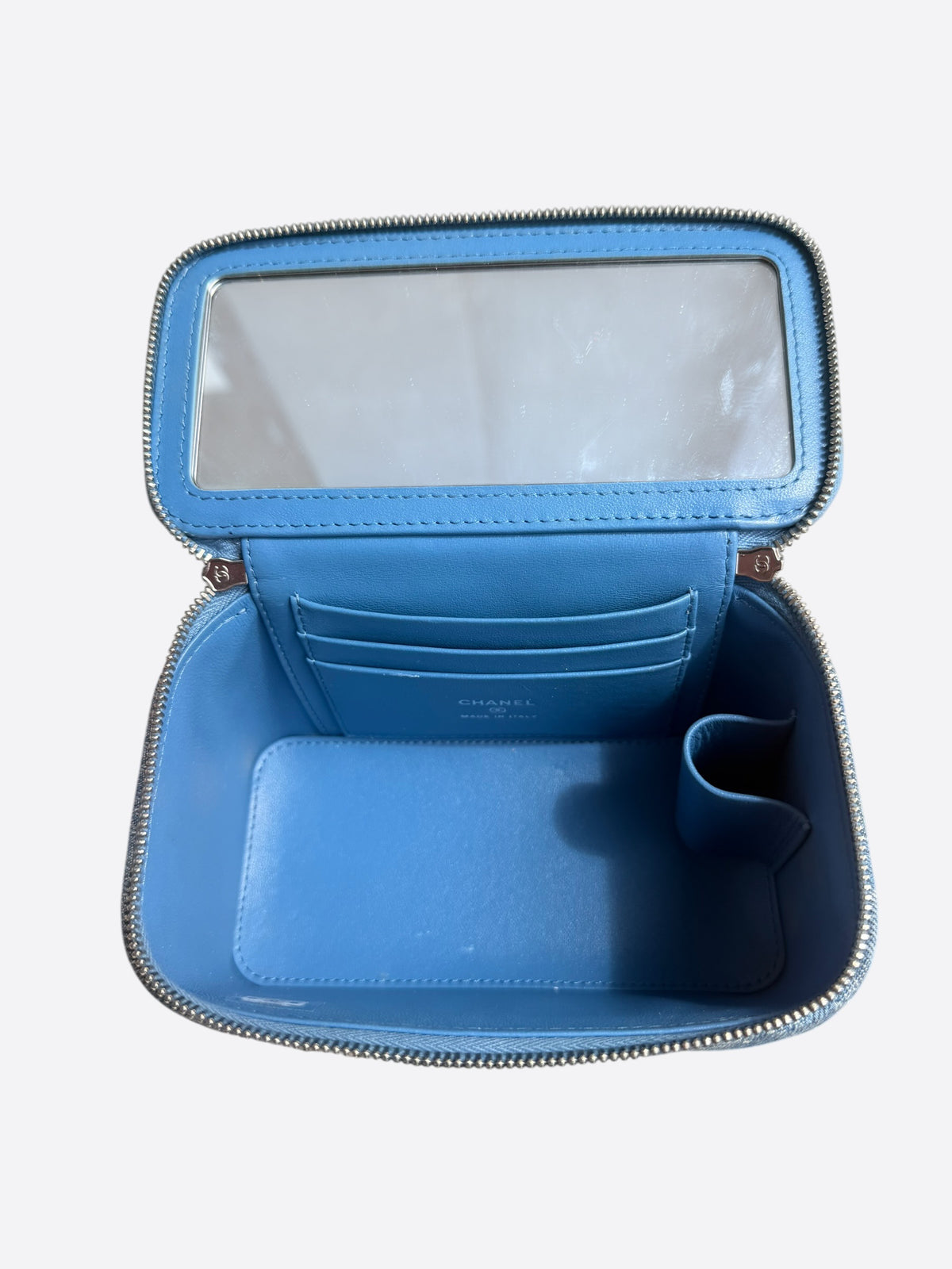 Chanel Blue Quilted Denim Camellia Quilted Vanity Case