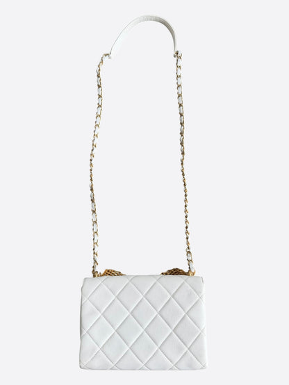 Chanel White Quilted Lambskin Crystal CC Logo Small Flap Bag
