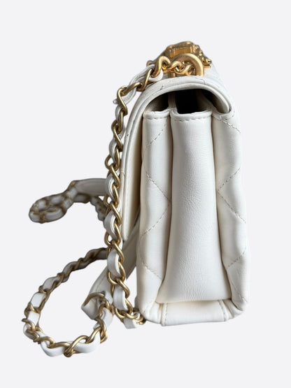 Chanel White Quilted Lambskin Crystal CC Logo Small Flap Bag