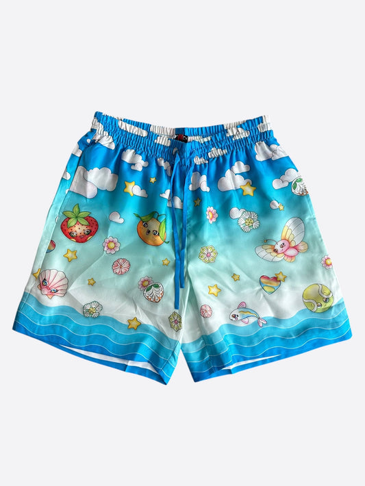 Casablanca Blue & Multicolor Kawaii Graphic Silk Shorts