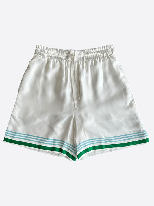 Casablanca White, Blue & Green Tennis Club Logo Silk Shorts