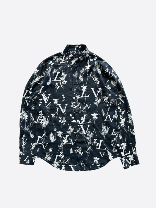 Louis Vuitton Navy & White Leaf Silk Button Up Shirt