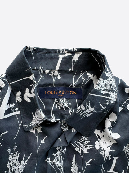 Louis Vuitton Navy & White Leaf Silk Button Up Shirt