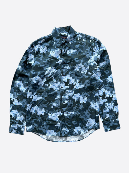 Louis Vuitton Blue Camouflage Monogram Silk Button Up Shirt