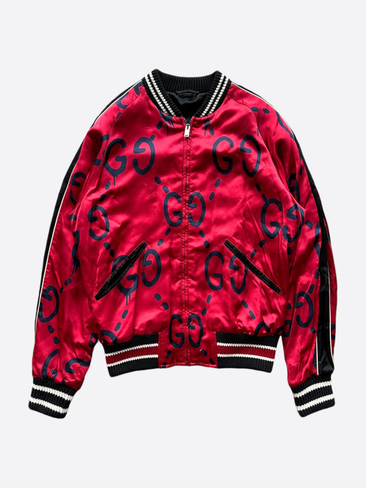 Gucci Red & Black Ghost GG Monogram Bomber Jacket