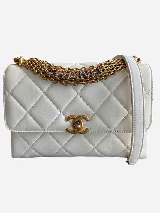 Chanel White Quilted Lambskin Crystal CC Logo Small Flap Bag