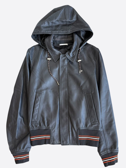 Dior Black, White & Red Striped Hooded Leather Jacket