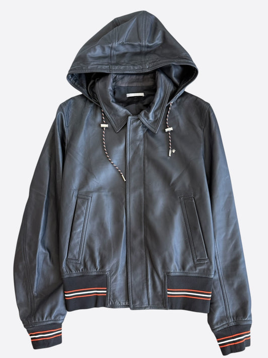 Dior Black, White & Red Striped Hooded Leather Jacket