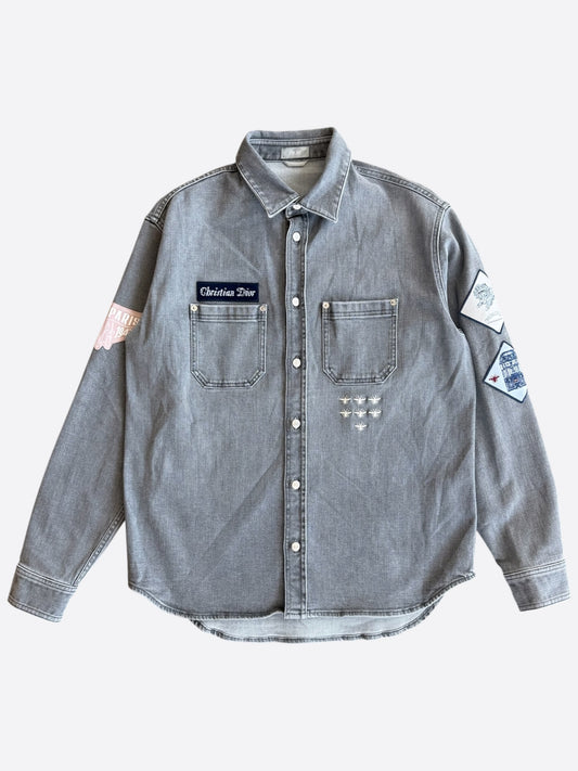 Dior Stussy Grey & Multicolor Patch Denim Button Up Shirt