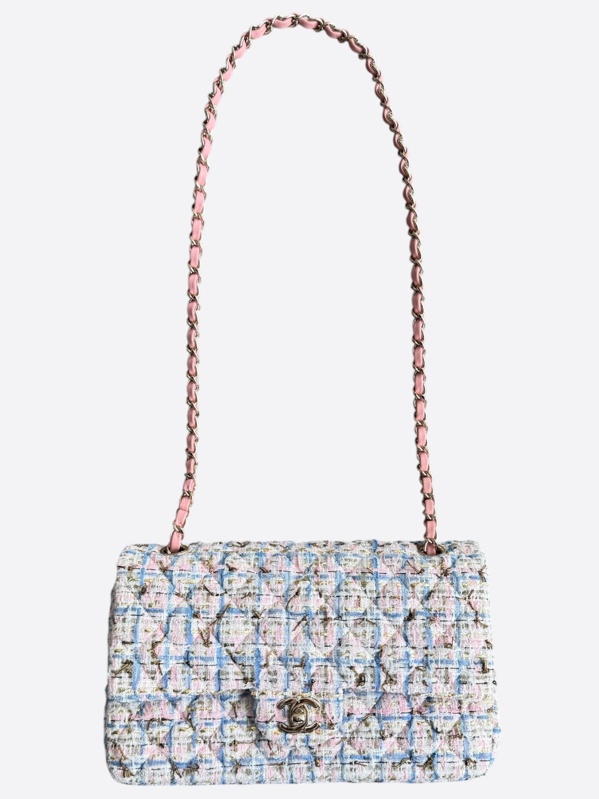 Chanel Light Blue & Pink Tweed Quilted Medium Flap Bag