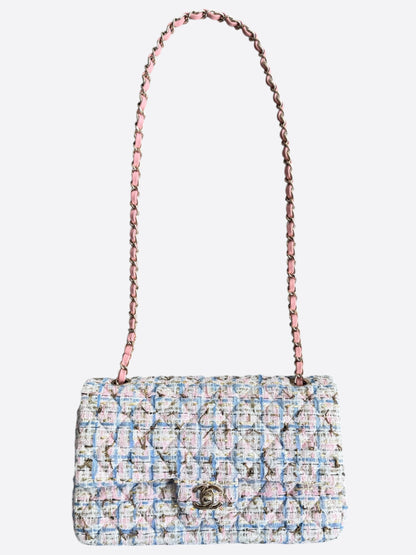 Chanel Light Blue & Pink Tweed Quilted Medium Flap Bag