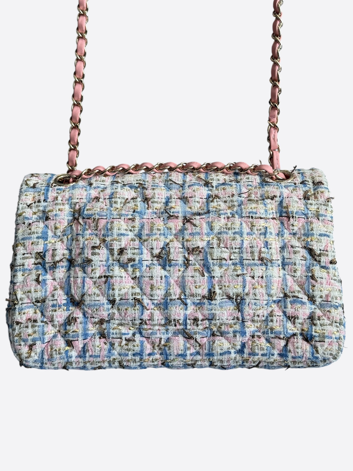 Chanel Light Blue & Pink Tweed Quilted Medium Flap Bag
