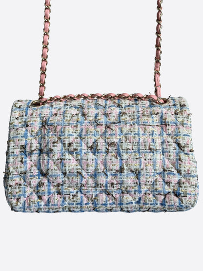 Chanel Light Blue & Pink Tweed Quilted Medium Flap Bag