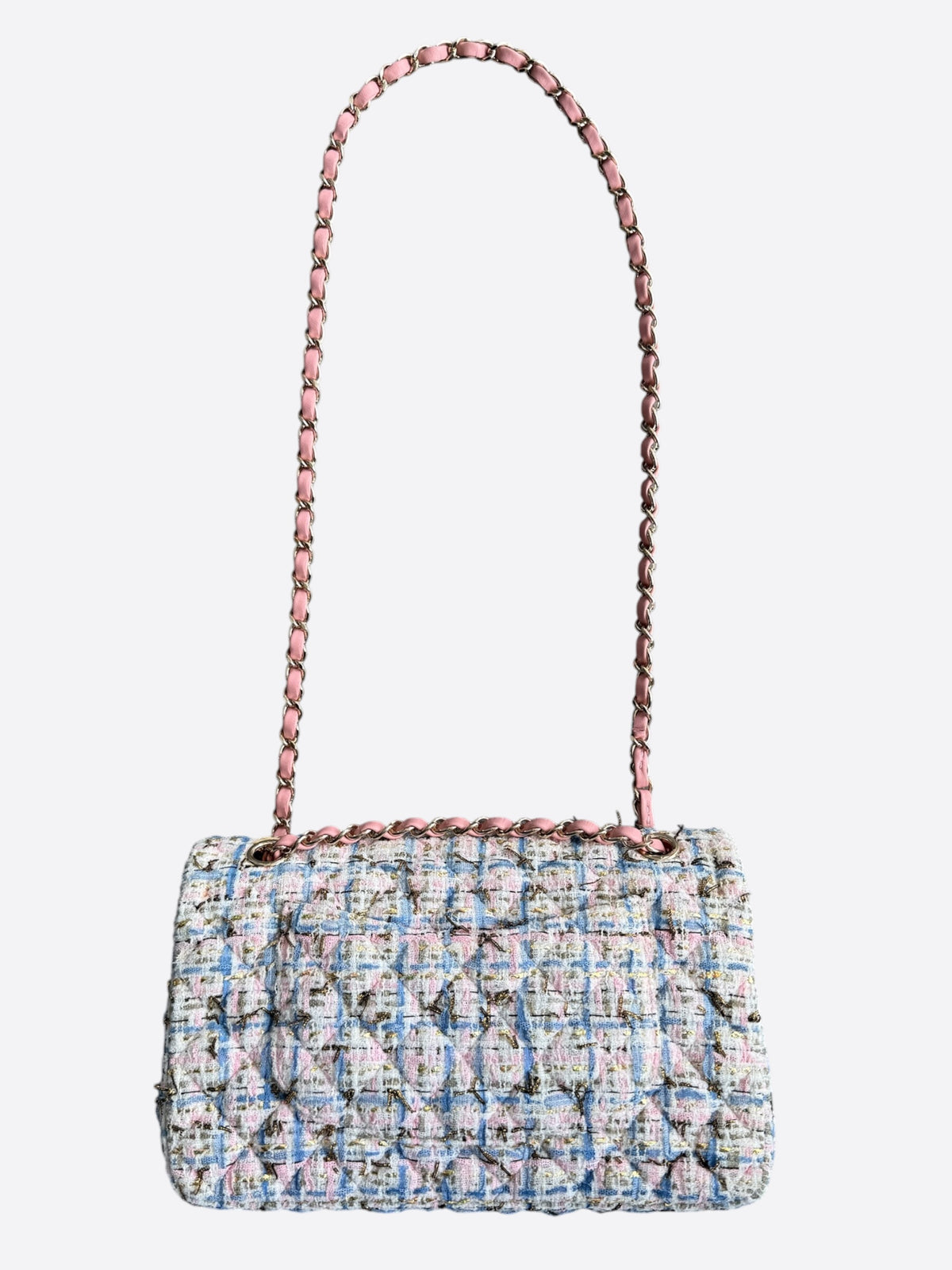 Chanel Light Blue & Pink Tweed Quilted Medium Flap Bag