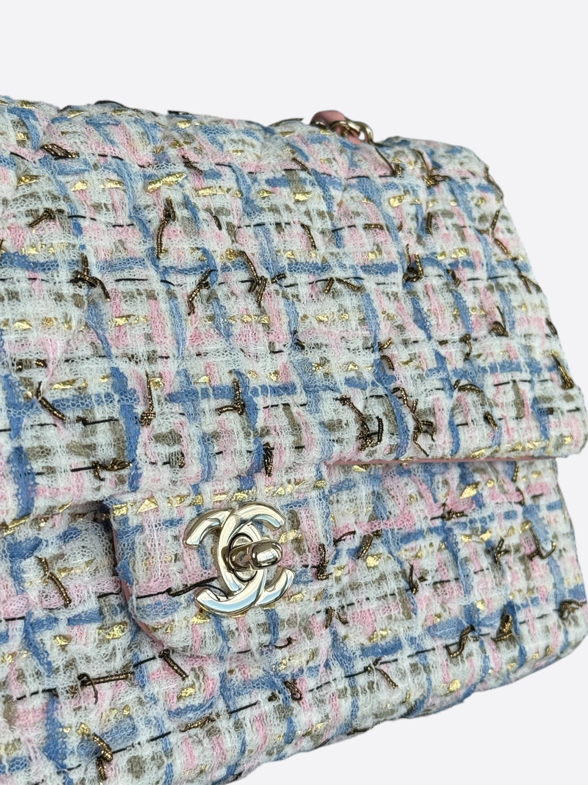 Chanel Light Blue & Pink Tweed Quilted Medium Flap Bag