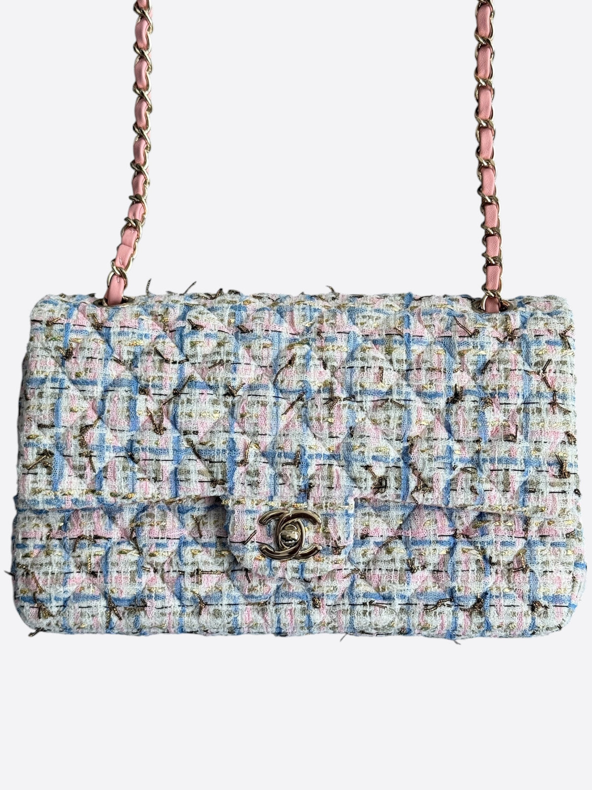 Chanel Light Blue & Pink Tweed Quilted Medium Flap Bag